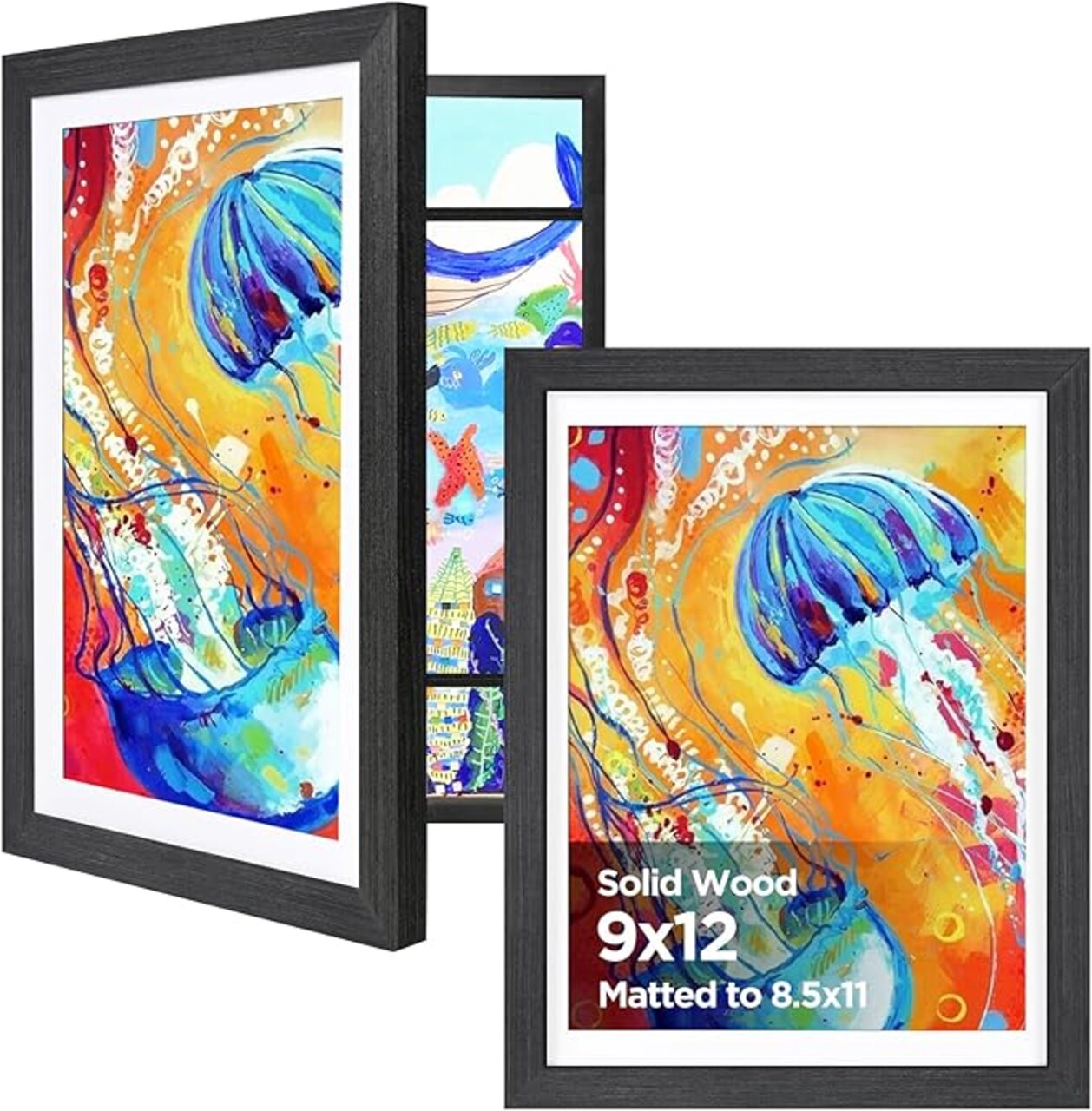9x12 Kids Art Frame Set of 2, Solid Wood Kids Artwork Frames Changeable with Front Opening Hold 150 Pictures, Art Frames for Kids Art with Mat,without Mat 9x12 Picture Frame Black Wood